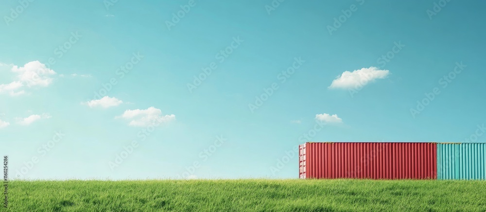 Poster cargo containers against a vibrant blue sky and lush green grass with ample empty space for customiz