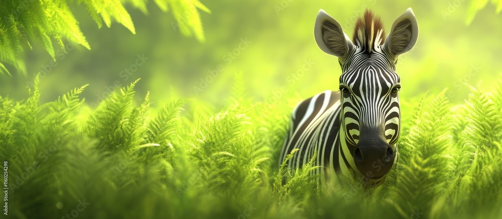 Poster zebra gazing intently in lush green savannah grassland with serene atmosphere and ample space for ov