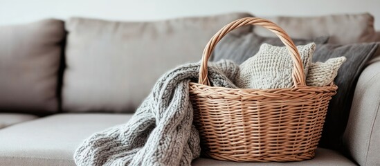 Obraz premium Wicker basket with cozy grey knitted blanket on a sofa creating a warm inviting space for home decor or lifestyle design presentations