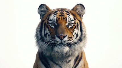 Fototapeta premium Majestic tiger portrait highlighting its strength and beauty set against a soft backdrop emphasizing its captivating features.