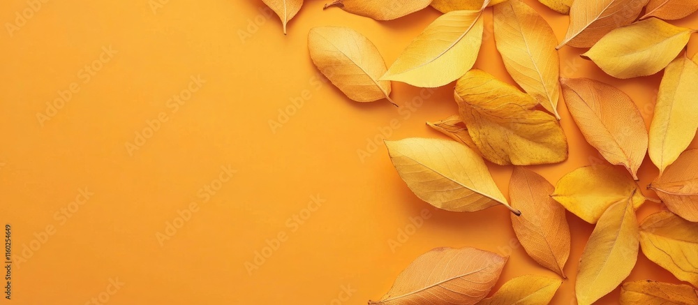 Poster autumn leaves arranged on a vibrant orange background creating an ideal setting for text or design e