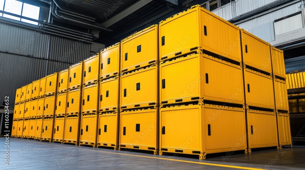 Poster bright yellow freight containers neatly stacked in a modern warehouse showcasing efficient storage a