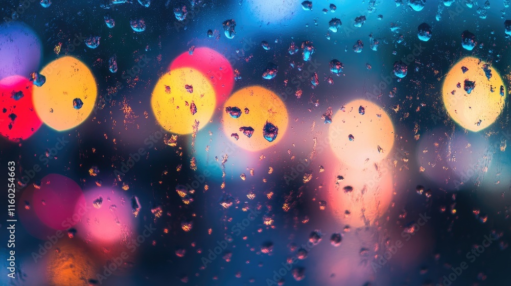Poster raindrops on window glass with colorful bokeh lights in the background creating a calm and atmospher