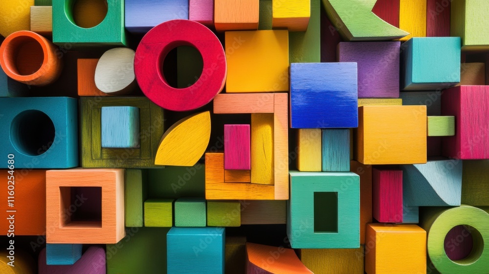 Poster A whimsical block-building scene with a variety of colorful blocks, Blocks arranged in an imaginative pattern, Creative photographic style