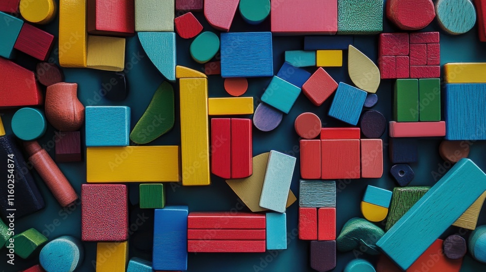 Aufkleber A whimsical block-building scene with a variety of colorful blocks, Blocks arranged in an imaginative pattern, Creative photographic style