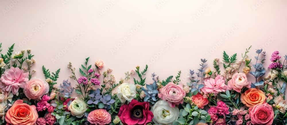 Poster colorful array of fresh flowers in a vibrant market setting with a soft blank space for personalized