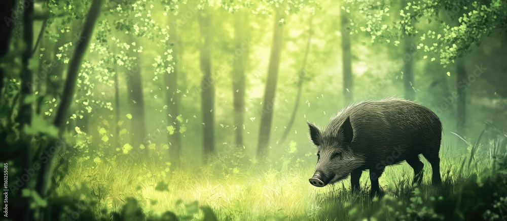 Poster wild boar grazing in a serene forest clearing with blurred trees and ample space for text in a tranq