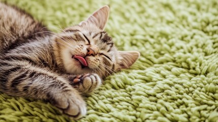 Cute striped British Lilac Tabby kitten grooming on soft furry carpet with vibrant green background creating a warm playful atmosphere