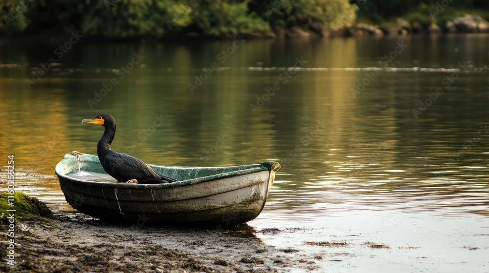 Poster cormorant perched in a small boat on a tranquil shore with reflections in calm water creating a sere