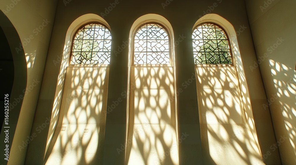 Poster elegant architectural windows casting intricate shadows with a blend of soft and hard lighting creat