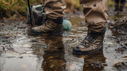 Waders and fishing boots submerged in muddy water showcasing outdoor adventure and sport fishing equipment