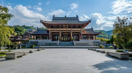 Obraz premium Serene Asian Temple Amidst Lush Nature Under Blue Skies : Generative AI