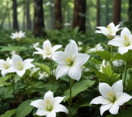 Fototapeta premium Close-up of white blooming trillium flowers in lush green forest, nature, beautiful, woodland