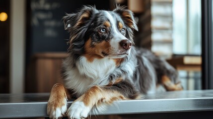 Cute dog resting on veterinary exam table gazing thoughtfully in a modern clinic setting.