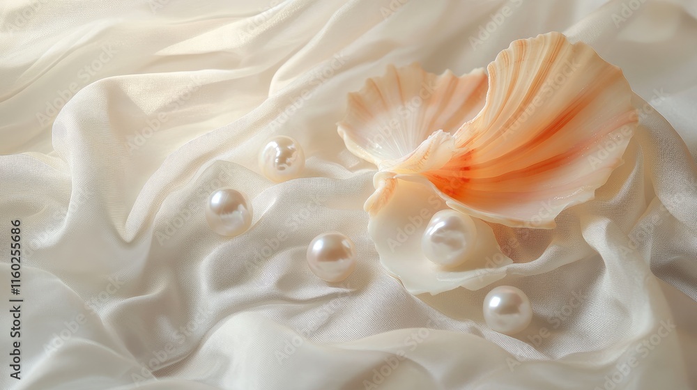 Poster elegant seashell and pearls gracefully arranged on soft luminous fabric background