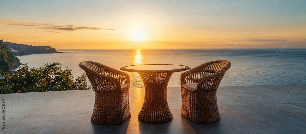 Poster wicker table and chairs on a sunset terrace overlooking the sea ideal for relaxation and empty space