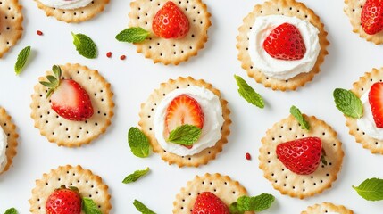 Delicious Cracker Bites Topped with Cream Cheese Mousse Fresh Strawberries and Mint Leaves on a White Background