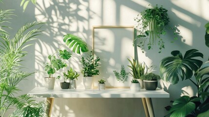 Modern minimalist tabletop display featuring a blank frame surrounded by various indoor plants in natural light setting.