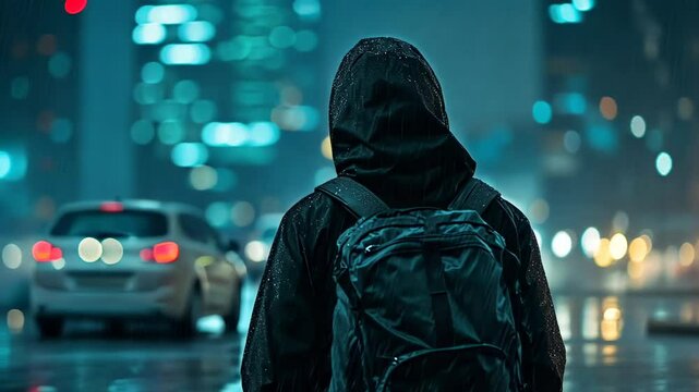 A young man with a backpack stands in the rain, wearing a hooded jacket and facing away from the camera. The city lights are blurred in the background, 