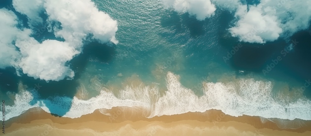 Poster aerial view of serene sandy beach and turquoise sea with fluffy clouds creating a tranquil atmospher