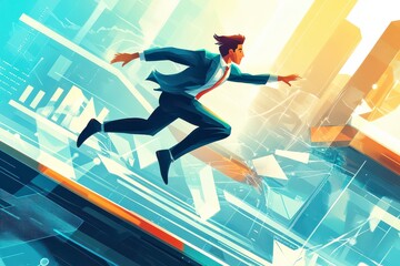 Businessman Leaping Over Graphs in Bright Digital Art