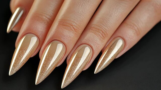 Beautiful woman's hand with a manicure, close-up of nails in a beige color, beautiful nail design, hand on a black background, beauty and skin care concept, 