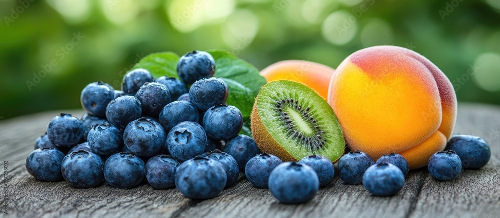Poster fresh assortment of blueberries peaches and kiwi arranged on a wooden surface with a blurred natural
