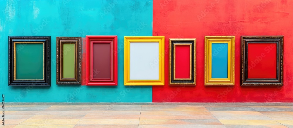 Poster colorful array of empty picture frames on a vivid wall ready for personalized artwork or text displa