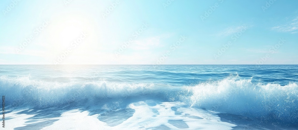 Poster serene ocean waves under a bright sky with ample space for custom text ideal for promotional content
