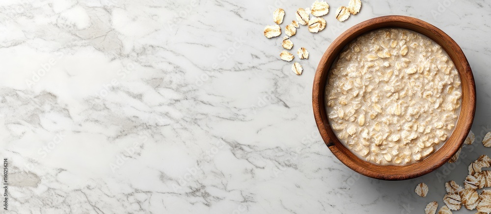 Aufkleber bowl of freshly cooked oatmeal on a textured surface with scattered oats and ample space for text pl