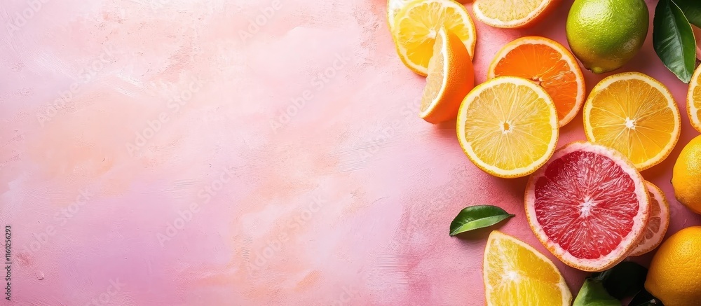 Poster colorful assortment of citrus fruits arranged on a soft pastel background with ample space for text 