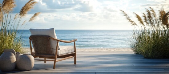 Cozy chair on serene terrace overlooking tranquil beachfront with space for personalized text and design elements