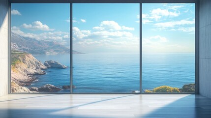 Tranquil Seascape View Through a Modern Large Window Overlooking Calm Waters and Coastal Landscape