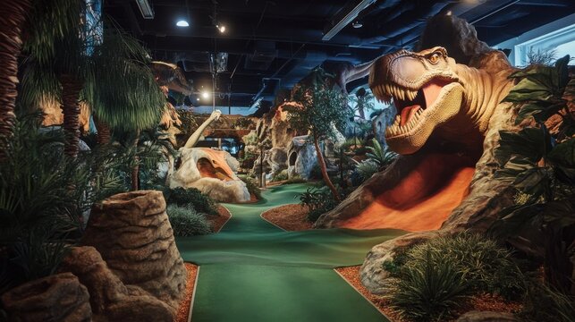 A whimsical mini-golf course with carnival-themed obstacles, Colorful course layout with carousel and clown motifs, Carnival extravaganza style