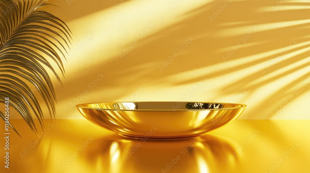 Poster golden abstract background with metallic finish and soft shadows from palm leaves