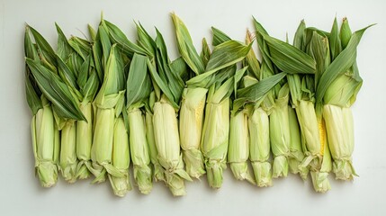 Fresh sweet corn cobs arranged neatly with green husks on a clean white background highlighting natural colors and textures.