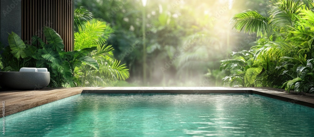 Poster tranquil spa poolside oasis surrounded by lush greenery with soft light and space for custom text