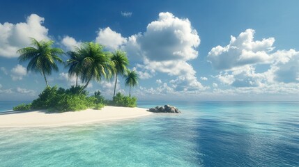 Fototapeta premium Tranquil Seascape of a Tropical Bay with Lush Island and Clear Blue Waters Under a Bright Sky