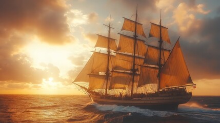 Sunset sailship ocean journey golden hour.