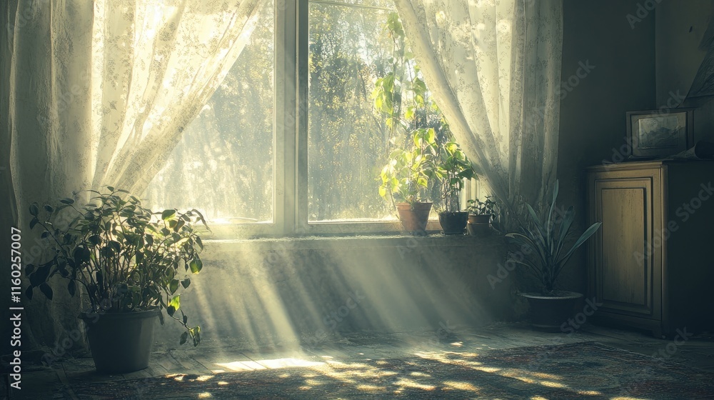 Poster soft sunlight streaming through a window illuminating indoor plants creating a tranquil and serene a