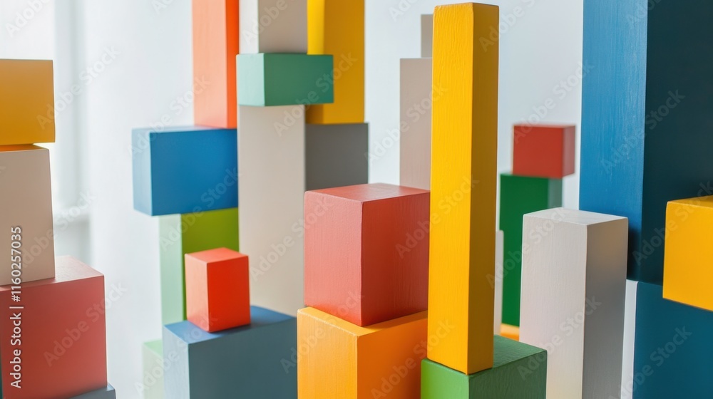 Poster an abstract arrangement of building blocks in a contemporary art gallery, blocks forming minimalist 