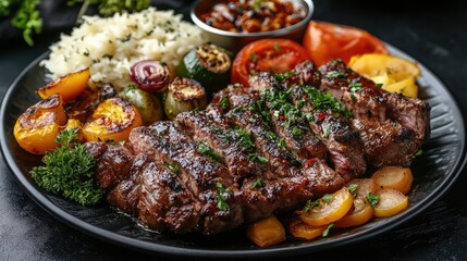 Ramadan Eid Mubarak Celebration Roasted Lamb Dish with Grilled Vegetables and Rice on Dark Background Culinary Artistry Close Up