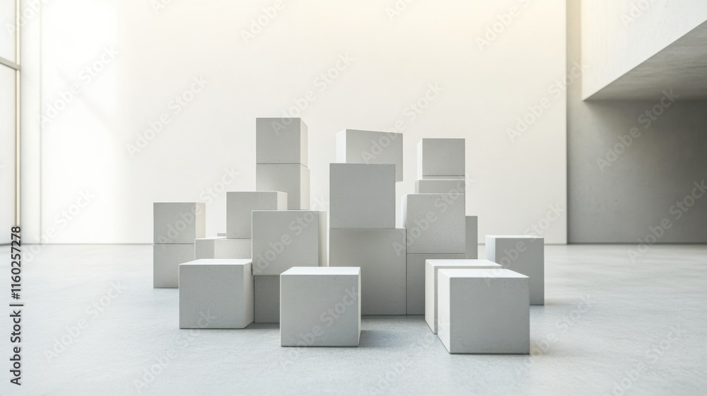 Poster an abstract arrangement of building blocks in a contemporary art gallery, blocks forming minimalist 
