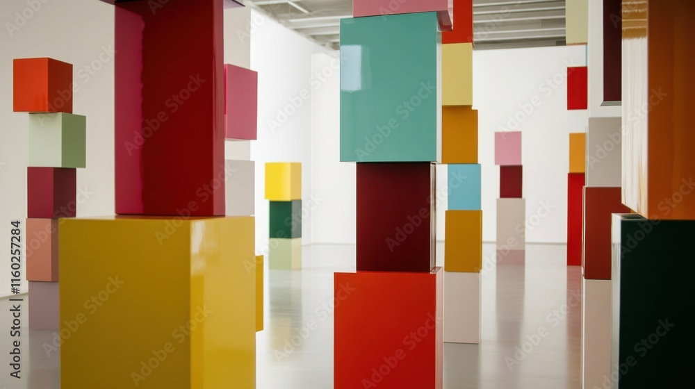 Poster an abstract arrangement of building blocks in a contemporary art gallery, blocks forming minimalist 