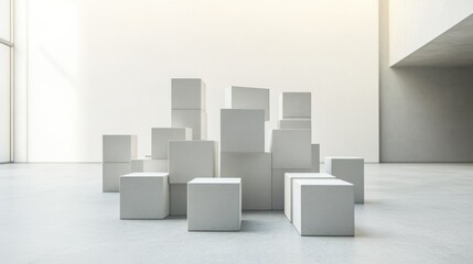 An abstract arrangement of building blocks in a contemporary art gallery, Blocks forming minimalist sculptures, Abstract artistic style