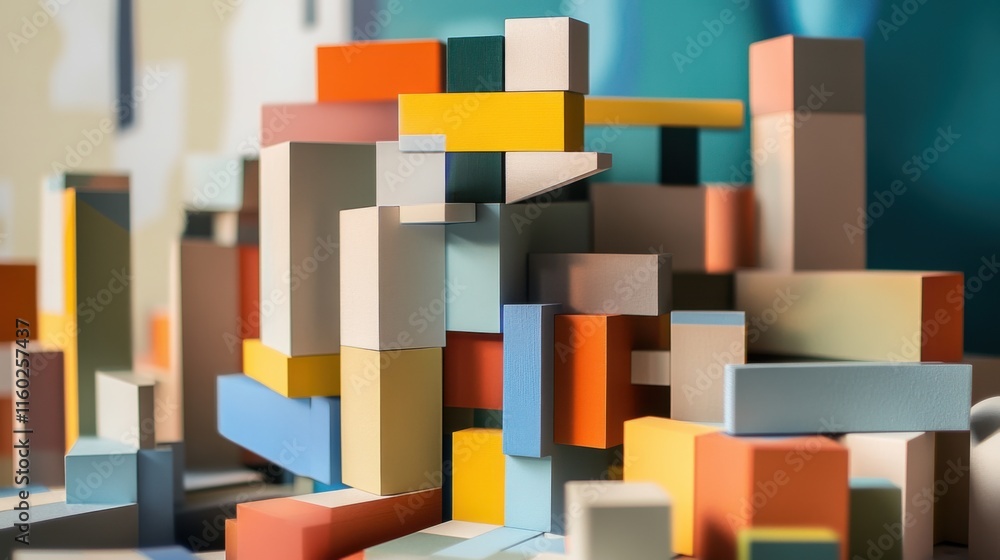 Poster an abstract arrangement of building blocks in a contemporary art gallery, blocks stacked in minimali