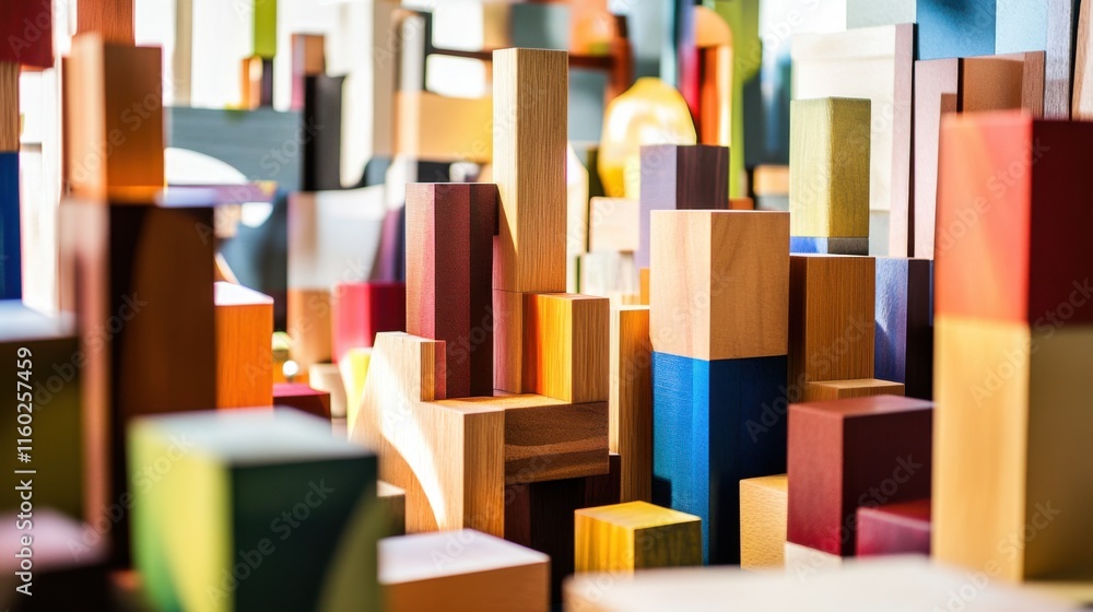 Poster an abstract arrangement of building blocks in a contemporary art gallery, blocks stacked in minimali