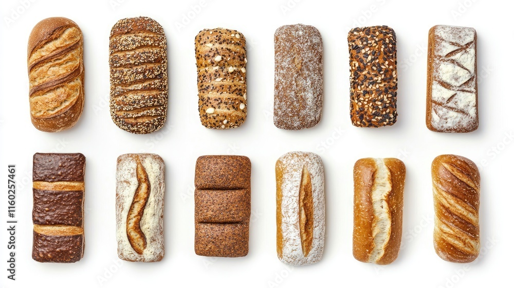 Poster assorted fresh breads and baguette loaves arranged on a white background showcasing various textures