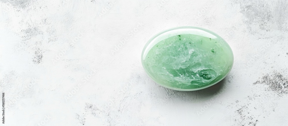 Poster oval green soap on light textured background with ample blank space for branding or text placement i