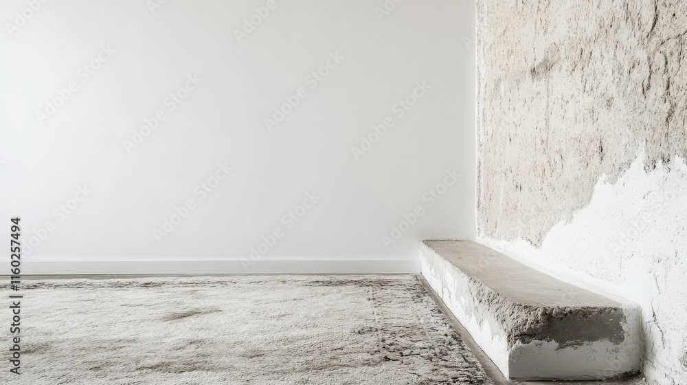 Poster minimalistic corner of a whitewashed room featuring a textured wall and soft carpet providing ample 